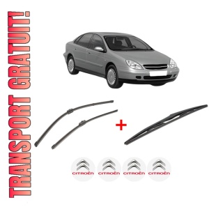 Set 3 stergatoare CITROEN C5 I (DC_) din 2001 - 2004, pentru parbriz si luneta fata si spate auto, Valeo Silencio, din cauciuc siliconat rezistent, 4 Stickere Auto CITROEN