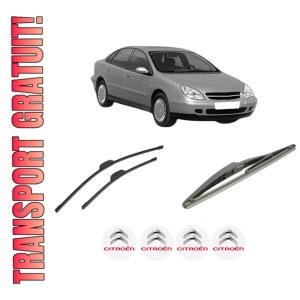 Set 3 stergatoare CITROEN C5 I (DC_) din 2001-2004, pentru parbriz si luneta fata si spate auto, Bosch Twin-Aerotwin Retrofit, din cauciuc siliconat rezistent, 4 Stickere Auto CITROEN