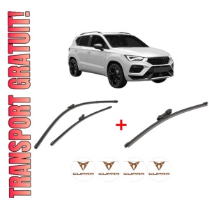 Set 3 stergatoare CUPRA ATECA (KH7, KHP, KBP) din 2018, pentru parbriz si luneta fata si spate auto, Valeo Silencio Xtrm, din cauciuc siliconat rezistent, 4 Stickere Auto CUPRA