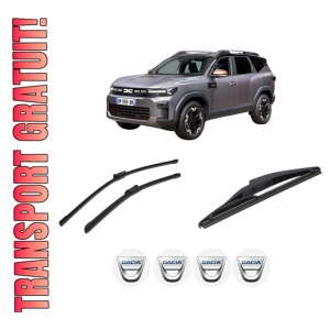 Set 3 stergatoare DACIA BIGSTER din 2024-2025, pentru parbriz si luneta fata si spate auto, Bosch Twin-Aerotwin, din cauciuc siliconat rezistent, 4 Stickere Auto DACIA