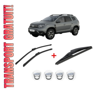 Set 3 stergatoare DACIA DUSTER (PYM_, PYN_) din 2023, pentru parbriz si luneta fata si spate auto, Bosch Twin, din cauciuc siliconat rezistent, 4 Stickere Auto DACIA