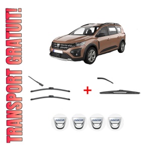 Set 3 stergatoare DACIA JOGGER (RK_) din 2021, pentru parbriz si luneta fata si spate auto, Valeo Silencio, din cauciuc siliconat rezistent, 4 Stickere Auto DACIA