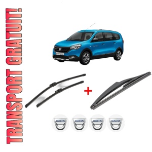 Set 3 stergatoare DACIA LODGY (JS_) din 2012, pentru parbriz si luneta fata si spate auto, Valeo Silencio, din cauciuc siliconat rezistent, 4 Stickere Auto DACIA