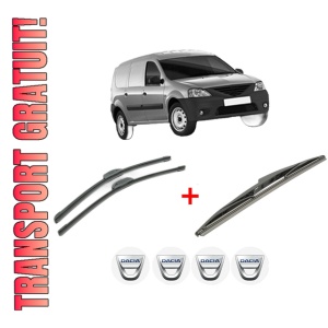 Set 3 stergatoare DACIA LOGAN EXPRESS (FS_) din 2007 - 2012, pentru parbriz si luneta fata si spate auto, Bosch Twin, din cauciuc siliconat rezistent, 4 Stickere Auto DACIA