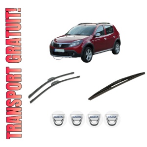 Set 3 stergatoare DACIA SANDERO din 2008-2013, pentru parbriz si luneta fata si spate auto, Bosch Twin-Aerotwin Retrofit, din cauciuc siliconat rezistent, 4 Stickere Auto DACIA