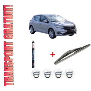 Set 3 stergatoare DACIA SANDERO III din 2021, pentru parbriz si luneta fata si spate auto, Bosch Twin, din cauciuc siliconat rezistent, 4 Stickere Auto DACIA