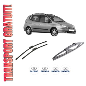 Set 3 stergatoare DAEWOO TACUMA / REZZO (U100) din 2000-2004, pentru parbriz si luneta fata si spate auto, Bosch Twin-Aerotwin Retrofit, din cauciuc siliconat rezistent, 4 Stickere Auto DAEWOO