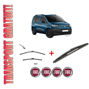 Set 3 stergatoare FIAT DOBLO MPV (510_, 511_, 360_, 361_) din 2022 - 2023, pentru parbriz si luneta fata si spate auto, Valeo Silencio, din cauciuc siliconat rezistent, 4 Stickere Auto FIAT