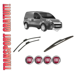 Set 3 stergatoare FIAT FIORINO MPV (225_) din 2007-2016, pentru parbriz si luneta fata si spate auto, Bosch Twin-Aerotwin, din cauciuc siliconat rezistent, 4 Stickere Auto FIAT