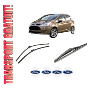 Set 3 stergatoare FORD B-MAX (JK) din 2012-2016, pentru parbriz si luneta fata si spate auto, Bosch Twin-Aerotwin, din cauciuc siliconat rezistent, 4 Stickere Auto FORD