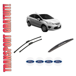 Set 3 stergatoare FORD FIESTA Saloon din 2002-2017, pentru parbriz si luneta fata si spate auto, Bosch Twin-Aerotwin Retrofit, din cauciuc siliconat rezistent, 4 Stickere Auto FORD