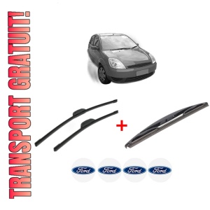 Set 3 stergatoare FORD FIESTA V (JH_, JD_) din 2001 - 2008, pentru parbriz si luneta fata si spate auto, Bosch Twin, din cauciuc siliconat rezistent, 4 Stickere Auto FORD
