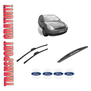 Set 3 stergatoare FORD FIESTA V (JH_, JD_) din 2001-2008, pentru parbriz si luneta fata si spate auto, Bosch Twin-Aerotwin Retrofit, din cauciuc siliconat rezistent, 4 Stickere Auto FORD