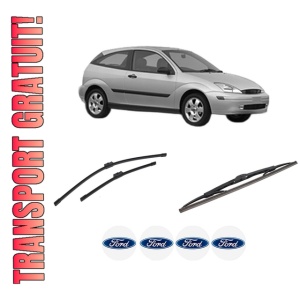 Set 3 stergatoare FORD FOCUS I (DAW, DBW) din 1998-2007, pentru parbriz si luneta fata si spate auto, Bosch Twin-Aerotwin, din cauciuc siliconat rezistent, 4 Stickere Auto FORD