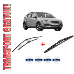Set 3 stergatoare FORD FOCUS II (DA_, HCP, DP) din 2004 - 2012, pentru parbriz si luneta fata si spate auto, Valeo Silencio, din cauciuc siliconat rezistent, 4 Stickere Auto FORD