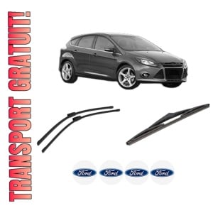 Set 3 stergatoare FORD FOCUS III din 2010-2020, pentru parbriz si luneta fata si spate auto, Bosch Twin-Aerotwin Multi, din cauciuc siliconat rezistent, 4 Stickere Auto FORD