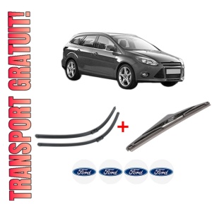 Set 3 stergatoare FORD FOCUS III Turnier din 2010 - 2020, pentru parbriz si luneta fata si spate auto, Bosch Twin, din cauciuc siliconat rezistent, 4 Stickere Auto FORD