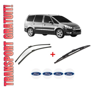 Set 3 stergatoare FORD GALAXY MK II VAN (WA6) din 2006 - 2015, pentru parbriz si luneta fata si spate auto, Bosch Twin, din cauciuc siliconat rezistent, 4 Stickere Auto FORD