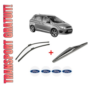 Set 3 stergatoare FORD GRAND C-MAX (DXA/CB7, DXA/CEU) din 2010 - 2019, pentru parbriz si luneta fata si spate auto, Bosch Twin, din cauciuc siliconat rezistent, 4 Stickere Auto FORD