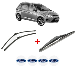 Set 3 stergatoare FORD GRAND C-MAX (DXA/CB7, DXA/CEU) din 2010 - 2019, pentru parbriz si luneta fata si spate auto, Bosch Twin, din cauciuc siliconat rezistent, 4 Stickere Auto FORD v8867