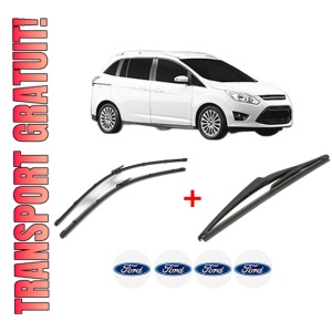 Set 3 stergatoare FORD GRAND C-MAX Van din 2010 - 2019, pentru parbriz si luneta fata si spate auto, Valeo Silencio, din cauciuc siliconat rezistent, 4 Stickere Auto FORD