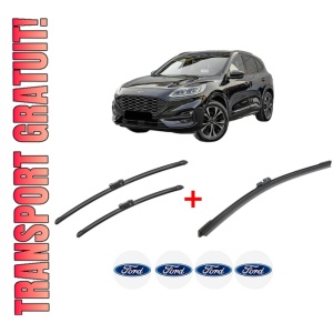 Set 3 stergatoare FORD KUGA III (DFK) din 2019, pentru parbriz si luneta fata si spate auto, Bosch Aerotwin, din cauciuc siliconat rezistent, 4 Stickere Auto FORD