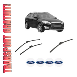 Set 3 stergatoare FORD MONDEO IV (BA7) din 2007-2015, pentru parbriz si luneta fata si spate auto, Bosch Aerotwin-Aerotwin Multi, din cauciuc siliconat rezistent, 4 Stickere Auto FORD