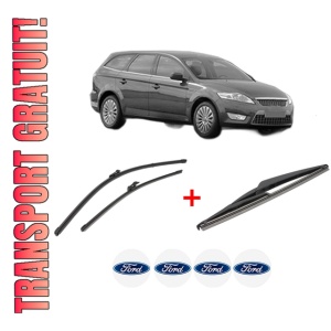 Set 3 stergatoare FORD MONDEO IV Turnier (BA7) din 2007 - 2015, pentru parbriz si luneta fata si spate auto, Valeo Silencio, din cauciuc siliconat rezistent, 4 Stickere Auto FORD
