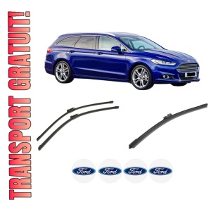 Set 3 stergatoare FORD MONDEO V Turnier (CF) din 2014-2019, pentru parbriz si luneta fata si spate auto, Bosch Aerotwin-Aerotwin, din cauciuc siliconat rezistent, 4 Stickere Auto FORD