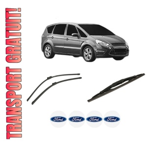 Set 3 stergatoare FORD S-MAX VAN (WA6) din 2007-2014, pentru parbriz si luneta fata si spate auto, Bosch Twin-Aerotwin, din cauciuc siliconat rezistent, 4 Stickere Auto FORD
