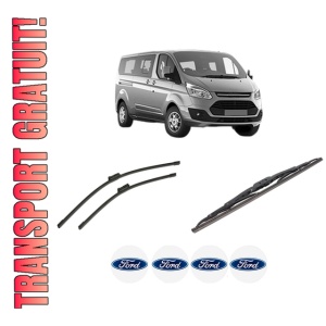 Set 3 stergatoare FORD TOURNEO CUSTOM V362 Bus (F3) din 2012-2023, pentru parbriz si luneta fata si spate auto, Bosch Twin-Aerotwin, din cauciuc siliconat rezistent, 4 Stickere Auto FORD