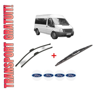 Set 3 stergatoare FORD TRANSIT Bus (FD_ _, FB_ _, FS_ _, FZ_ _, FC_ _) din 2000 - 2014, pentru parbriz si luneta fata si spate auto, Bosch Twin, din cauciuc siliconat rezistent, 4 Stickere Auto FORD