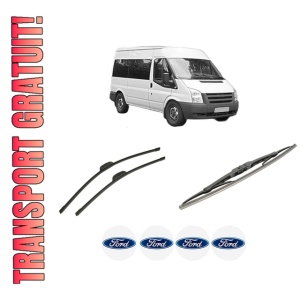Set 3 stergatoare FORD TRANSIT Bus (FD_ _, FB_ _, FS_ _, FZ_ _, FC_ _) din 2000-2014, pentru parbriz si luneta fata si spate auto, Bosch Twin-Aerotwin Retrofit, din cauciuc siliconat rezistent, 4 Stickere Auto FORD