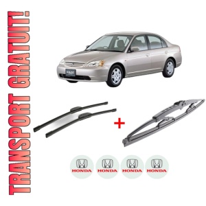 Set 3 stergatoare HONDA CIVIC VII Saloon (ES, ET) din 2001 - 2005, pentru parbriz si luneta fata si spate auto, Bosch Twin, din cauciuc siliconat rezistent, 4 Stickere Auto HONDA