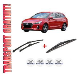 Set 3 stergatoare HYUNDAI i30 Estate (PDE) din 2017 - 2020, pentru parbriz si luneta fata si spate auto, Bosch Twin, din cauciuc siliconat rezistent, 4 Stickere Auto HYUNDAI