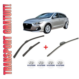 Set 3 stergatoare HYUNDAI i30 Kombi Van (GDE, GD) din 2015 - 2017, pentru parbriz si luneta fata si spate auto, Bosch Aerotwin, din cauciuc siliconat rezistent, 4 Stickere Auto HYUNDAI