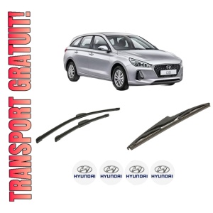 Set 3 stergatoare HYUNDAI i30 Kombi Van (PDE) din 2017-2020, pentru parbriz si luneta fata si spate auto, Bosch Twin-Aerotwin Retrofit, din cauciuc siliconat rezistent, 4 Stickere Auto HYUNDAI