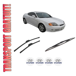Set 3 stergatoare HYUNDAI TIBURON Coupe din 1996-2001, pentru parbriz si luneta fata si spate auto, Bosch Twin-Aerotwin Retrofit, din cauciuc siliconat rezistent, 4 Stickere Auto HYUNDAI