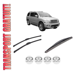Set 3 stergatoare INFINITI QX56 din 2003-2014, pentru parbriz si luneta fata si spate auto, Bosch Twin-Aerotwin Retrofit, din cauciuc siliconat rezistent, 4 Stickere Auto INFINITI