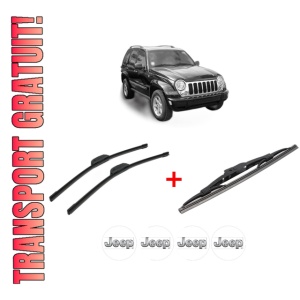 Set 3 stergatoare JEEP CHEROKEE (KJ) din 2001 - 2008, pentru parbriz si luneta fata si spate auto, Bosch Twin, din cauciuc siliconat rezistent, 4 Stickere Auto JEEP
