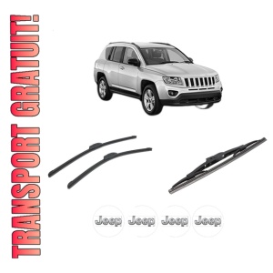 Set 3 stergatoare JEEP COMPASS (MK49) din 2006-2011, pentru parbriz si luneta fata si spate auto, Bosch Twin-Aerotwin Retrofit, din cauciuc siliconat rezistent, 4 Stickere Auto JEEP