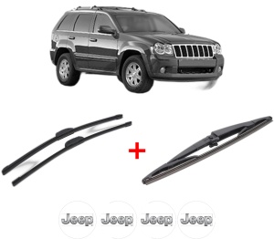 Set 3 stergatoare JEEP GRAND CHEROKEE III (WH, WK) din 2005 - 2010, pentru parbriz si luneta fata si spate auto, Bosch Twin, din cauciuc siliconat rezistent, 4 Stickere Auto JEEP v4667