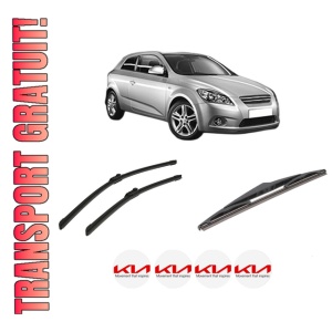 Set 3 stergatoare KIA CEE'D Hatchback (ED) din 2006-2012, pentru parbriz si luneta fata si spate auto, Bosch Twin-Aerotwin, din cauciuc siliconat rezistent, 4 Stickere Auto KIA