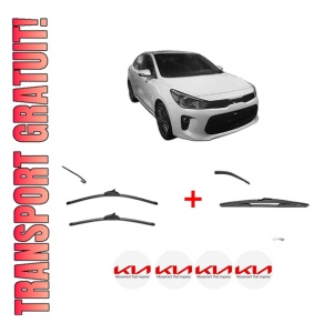 Set 3 stergatoare KIA RIO IV Hatchback Van (YB, SC, FB) din 2017, pentru parbriz si luneta fata si spate auto, Valeo Silencio, din cauciuc siliconat rezistent, 4 Stickere Auto KIA