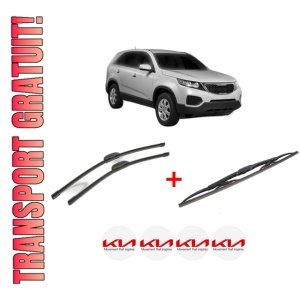 Set 3 stergatoare KIA SORENTO II SUV Van (XM) din 2009 - 2015, pentru parbriz si luneta fata si spate auto, Bosch Twin, din cauciuc siliconat rezistent, 4 Stickere Auto KIA