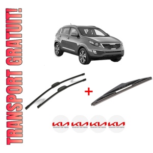 Set 3 stergatoare KIA SPORTAGE III (SL) din 2010 - 2016, pentru parbriz si luneta fata si spate auto, Bosch Twin, din cauciuc siliconat rezistent, 4 Stickere Auto KIA