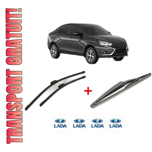 Set 3 stergatoare LADA VESTA (GFL_) din 2015, pentru parbriz si luneta fata si spate auto, Bosch Twin, din cauciuc siliconat rezistent, 4 Stickere Auto LADA