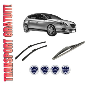 Set 3 stergatoare LANCIA DELTA III (844_) din 2008-2014, pentru parbriz si luneta fata si spate auto, Bosch Twin-Aerotwin, din cauciuc siliconat rezistent, 4 Stickere Auto LANCIA