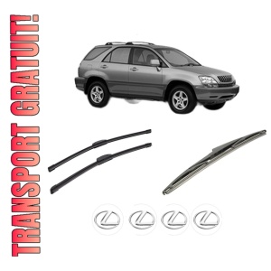 Set 3 stergatoare LEXUS RX (MCU15) din 1998-2003, pentru parbriz si luneta fata si spate auto, Bosch Twin-Aerotwin Retrofit, din cauciuc siliconat rezistent, 4 Stickere Auto LEXUS