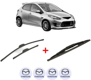 Set 3 stergatoare MAZDA 2 (DE_, DH_) din 2007 - 2015, pentru parbriz si luneta fata si spate auto, Bosch Twin, din cauciuc siliconat rezistent, 4 Stickere Auto MAZDA v10367